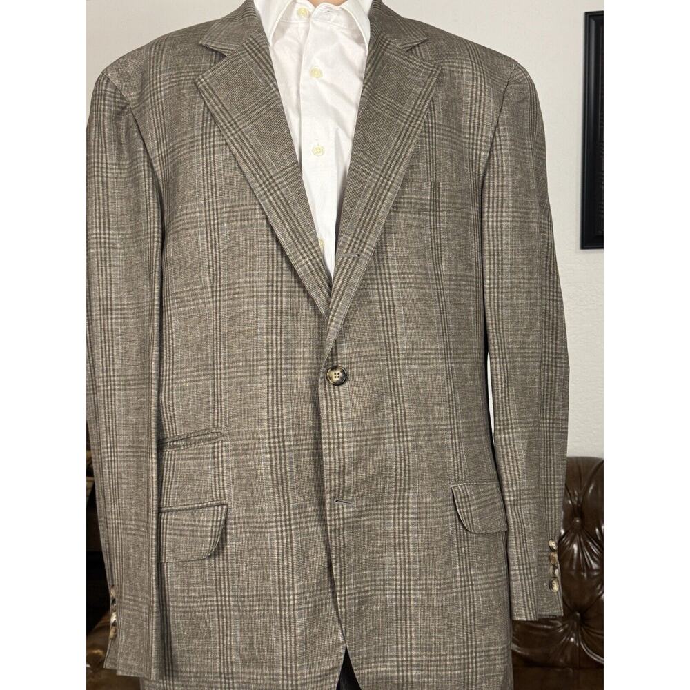 Brunello Cucinelli Prince Of Wales Taupe Sportcoat IT 54/ 44 US Wool Linen Silk - Picture 2 of 10